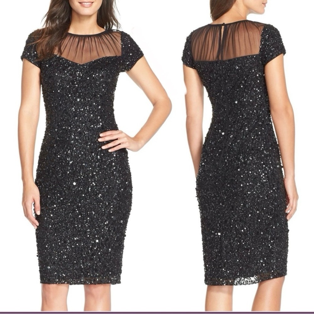 NEW $239 Adrianna Papell Sequin Embellished Sheath Dress in Black [SZ 6 ] #N174
